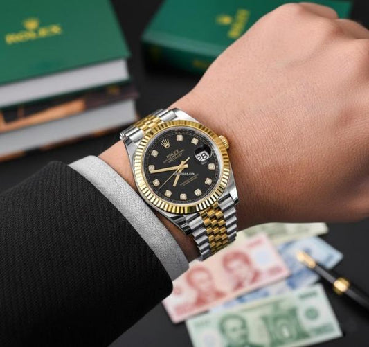 Rolee_x Oyster Perpetual Date Just Diamond 2Ton Gold Black