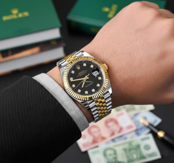 Rolee_x Oyster Perpetual Date Just Diamond 2Ton Gold Black